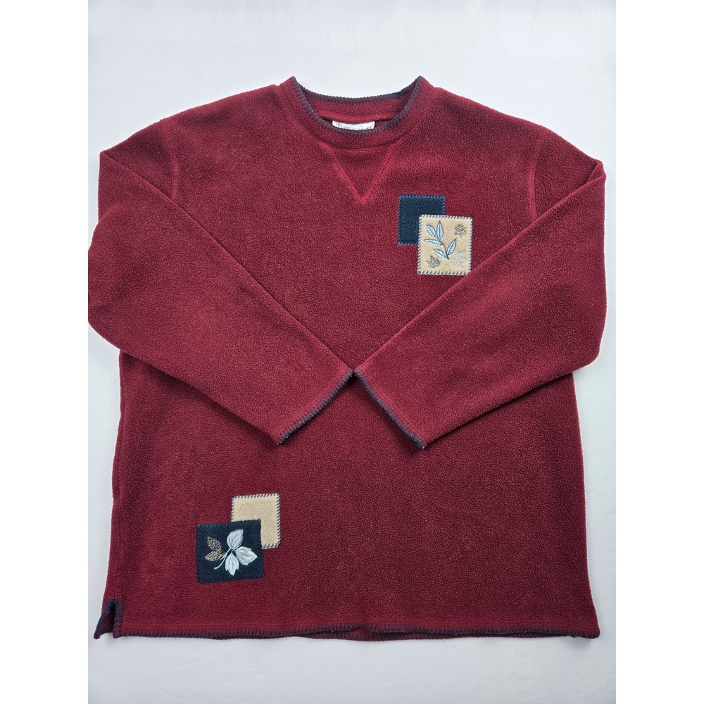 Bonnie Evans Womens XL Burgundy‎ Fleece Pullover Embroidered Patch Sweatshirt